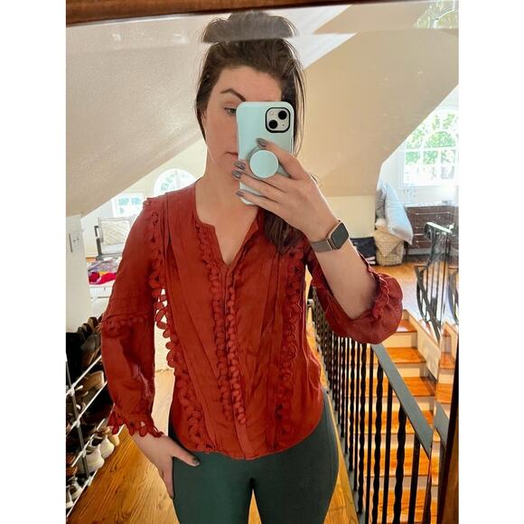 REBECCA TAYLOR Rustic Red Embroidered Silk Blend V-Neck Button Top size 2 - Picture 1 of 16
